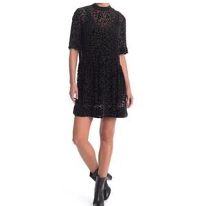 Rag Bone Black Silk Gia Animal Print Velvet Burnout Shift Dress XS Mock Neck